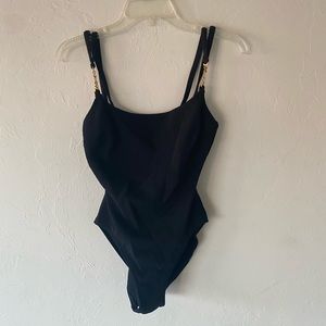 La Blanca black ribbed with gold chain strap swimsuit